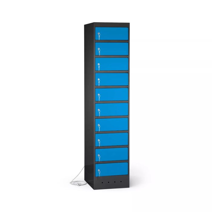 Zijaanzicht van de Lockeel laptop laadlocker met 10 compartimenten, voorzien van sleutelsloten en een kabelbeheer detail.