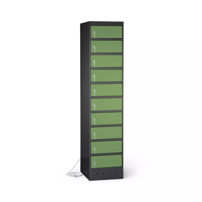 Zijaanzicht van de Lockeel laptop laadlocker met 10 compartimenten en sleutelslot, met zichtbare groene deuren en kabelbeheer.