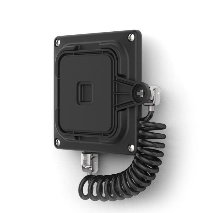 Zijaanzicht van de Compulocks Magnetix tablet wandhouder met een spiraalkabel voor een nette afwerking.