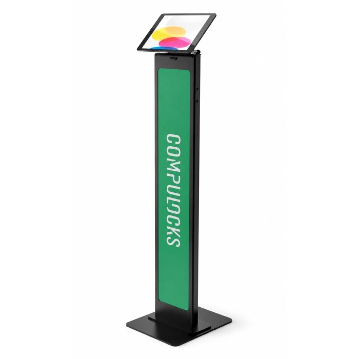 Zijaanzicht van de Compulocks BrandMe Magnetix tablet vloerstandaard met een tablet in gebruik.