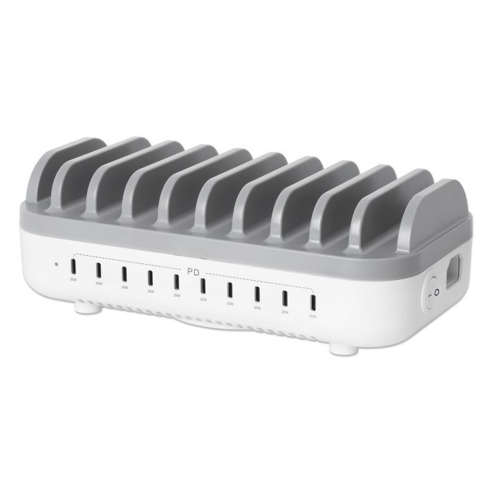 Zijaanzicht van het Manhattan 10 poorts USB-C Power Delivery oplaadstation met zichtbare oplaadpoorten en een overzichtelijke indeling.