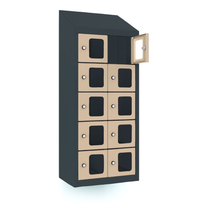 Zijaanzicht van de Lockeel telefoonlocker met 10 vakken, met een geopend vak en zichtbare sleutelsloten voor veilige opslag.