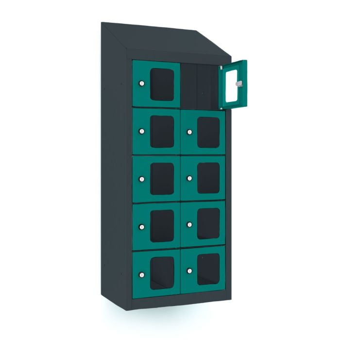 Zijaanzicht van de Lockeel telefoonlocker met 10 vakken, met een geopend vak en zichtbare sleutelsloten.