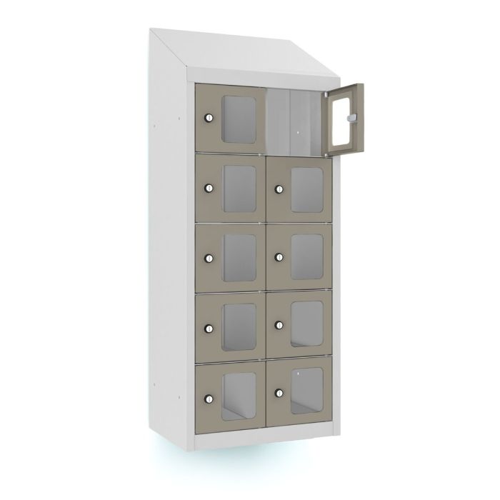 Zijaanzicht van de Lockeel telefoonlocker met 10 vakken, met een geopend vak en zichtbare sleutelsloten.