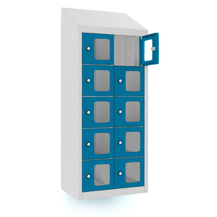 Open Lockeel telefoonlocker met 10 vakken, waarbij één vak zichtbaar is met een transparante deur en sleutelslot, in een studio-opstelling.
