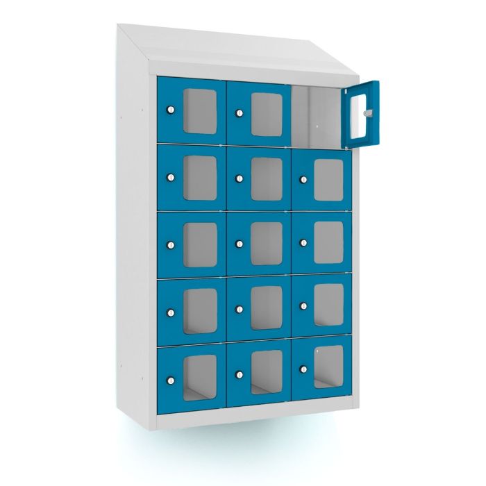 Zijaanzicht van de Lockeel telefoonlocker met 15 vakken, met een geopende deur en zichtbare vakken voor het veilig opbergen van telefoons.