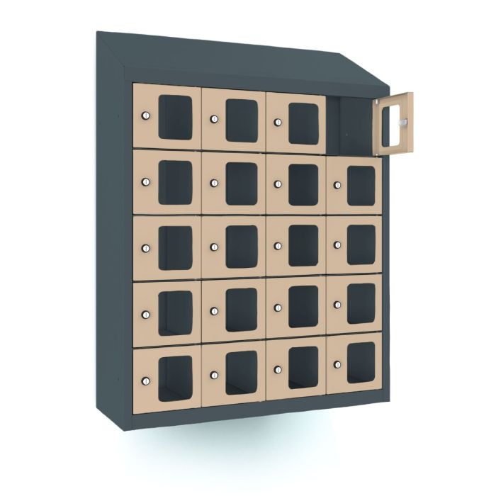Vooraanzicht van de Lockeel telefoonlocker met 20 vakken en sleutelslot, waarbij één van de vakjes met venster openstaat voor een duidelijk overzicht.
