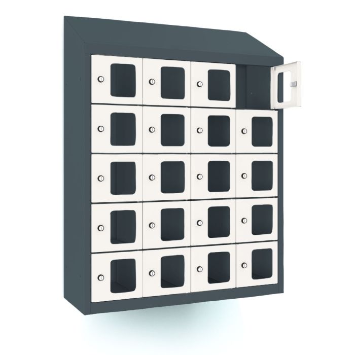 Schuin vooraanzicht van de Lockeel telefoonlocker met 20 vakken en sleutelslot, waarbij één van de witte deurtjes openstaat voor een duidelijk beeld.