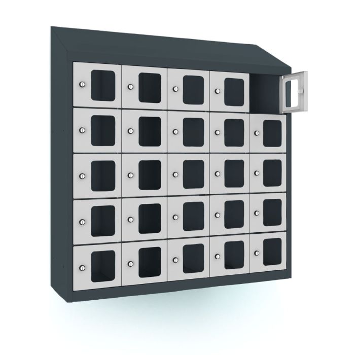 Schuin vooraanzicht van de Lockeel telefoonlocker met 25 vakken, waarbij één van de deurtjes met sleutelslot openstaat voor een duidelijk overzicht.