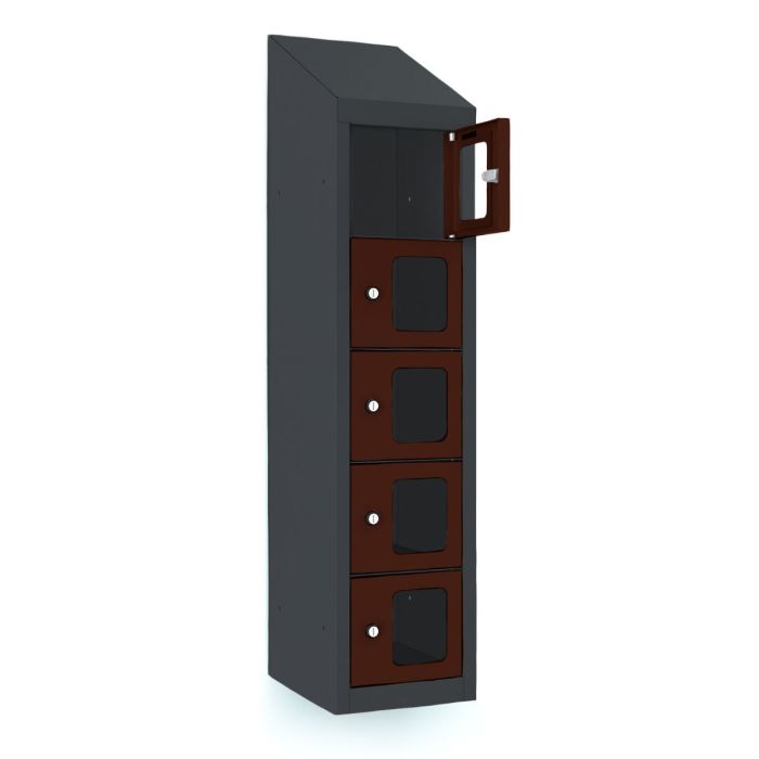 Zijaanzicht van de Lockeel telefoonlocker met 5 vakken, met een open deur van het bovenste vak en zichtbare sleutelsloten.