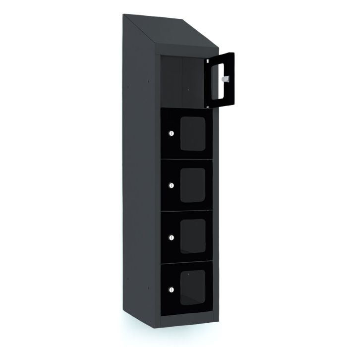 Zijaanzicht van de Lockeel telefoonlocker met 5 vakken, met een open deur en zichtbare compartimenten voor veilig opbergen.
