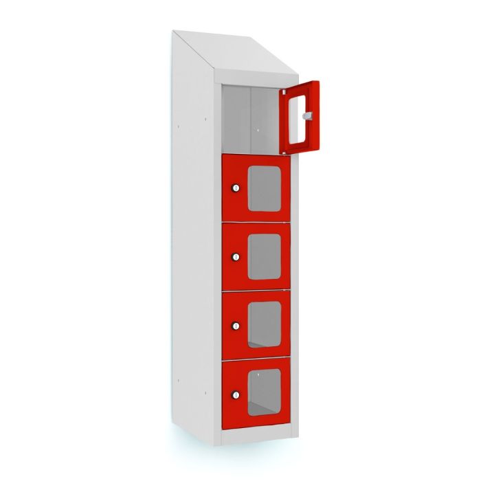 Zijaanzicht van de Lockeel telefoonlocker met 5 vakken, met een open bovenste vak en rode deuren die de compartimenten afsluiten.