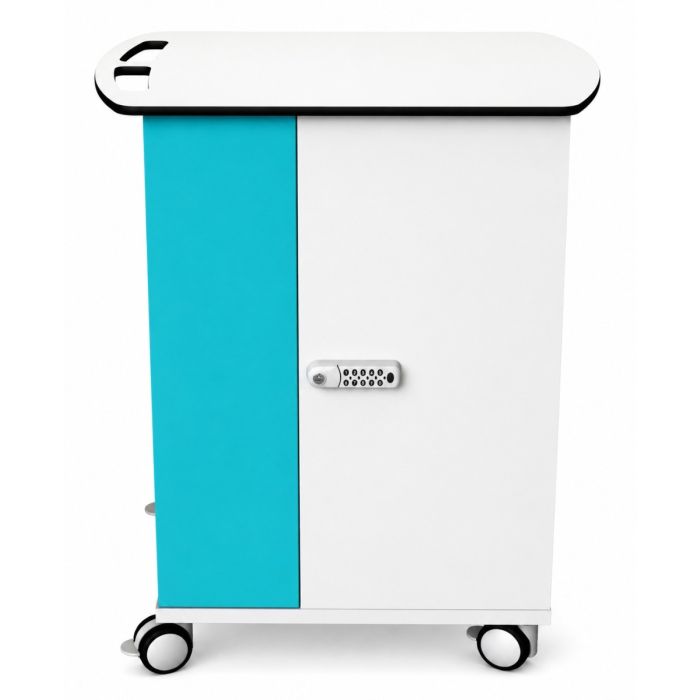 Zijaanzicht van de Zioxi netwerk laptop oplaadkar met digitaal codeslot en turquoise deur.