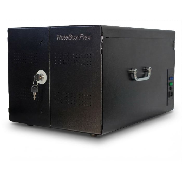 Zijaanzicht van de LEBA NoteBox Flex 10 AC oplaadkast met sleutel en handvat.