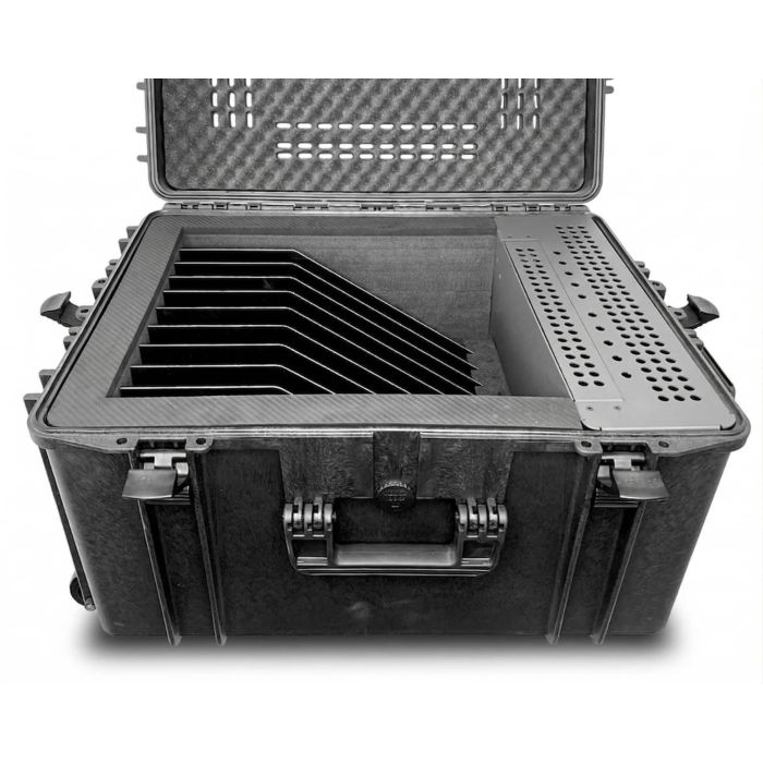 Open LEBA NoteCase Livingstone AC oplaadkoffer met zichtbare compartimenten voor 10 apparaten tot 15,6 inch.