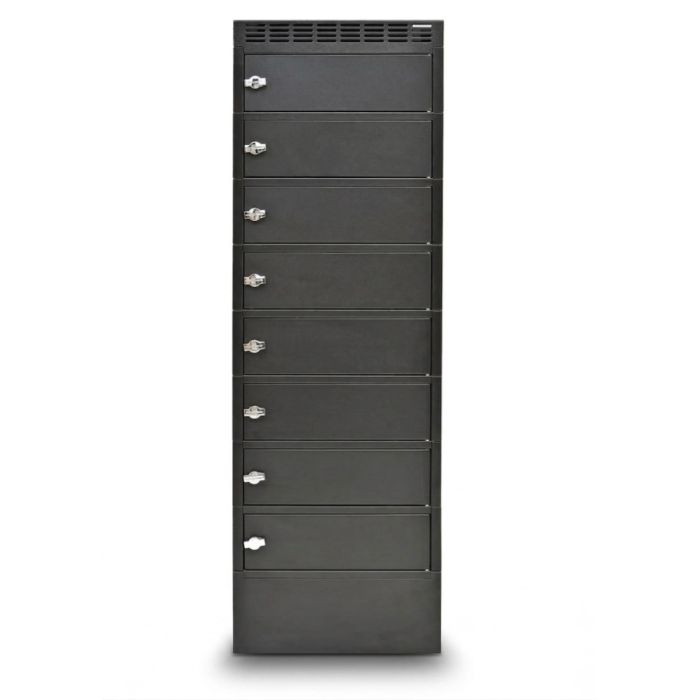 Vooraanzicht van de LEBA NoteLocker 8 oplaadlocker met 8 gesloten vakken en voorbereidingen voor hangsloten.