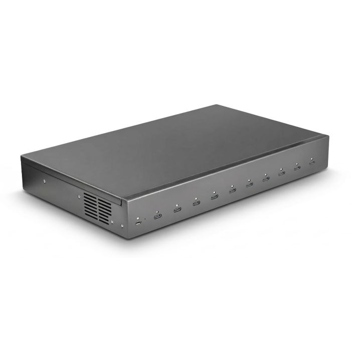 Achteraanzicht van de Torvik OLH-10 USB-C oplaadhub met 10 poorten en ventilatierooster.