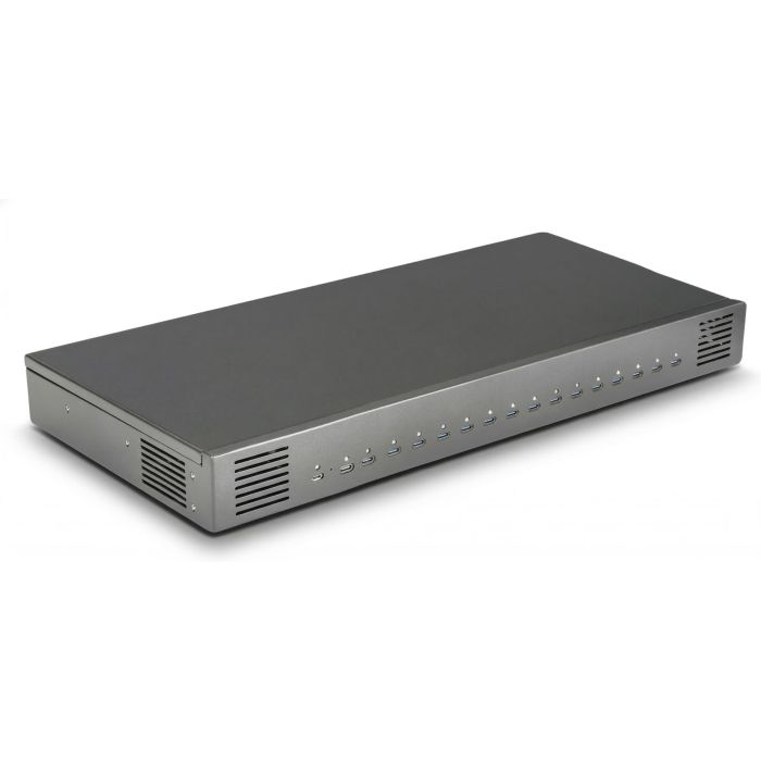 Zijaanzicht van de Torvik OLH-16 USB-C oplaadhub met 16 poorten, zichtbaar in een moderne afwerking.
