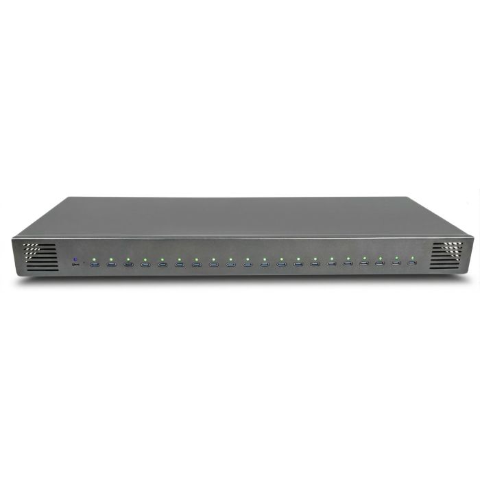 Front view of the Torvik OLH-20 USB-C charging hub showcasing 20 ports with LED indicators.