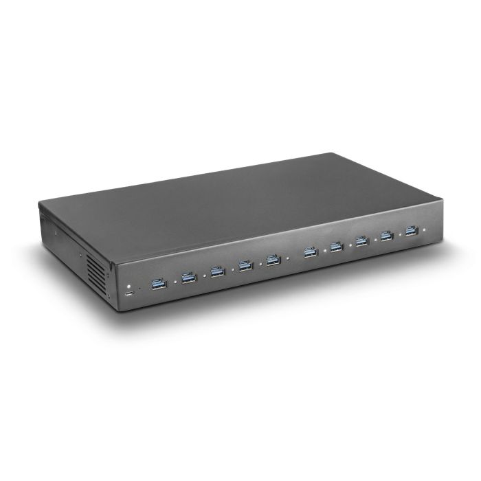 Zijaanzicht van de Torvik OLH-DC-10 oplaadhub met 10 USB-poorten, in een moderne afwerking.