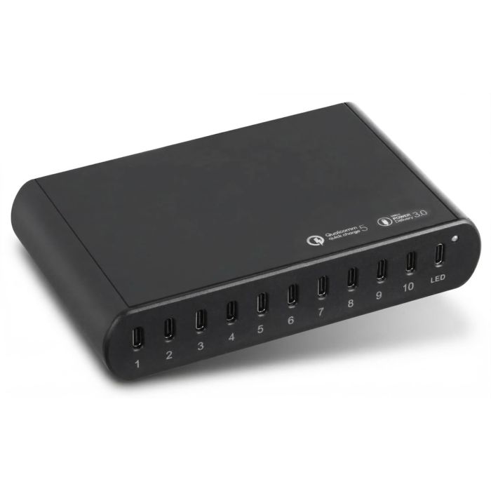 Zijaanzicht van de Torvik OLH-10 USB-C oplaadhub met 10 poorten en LED-indicator.