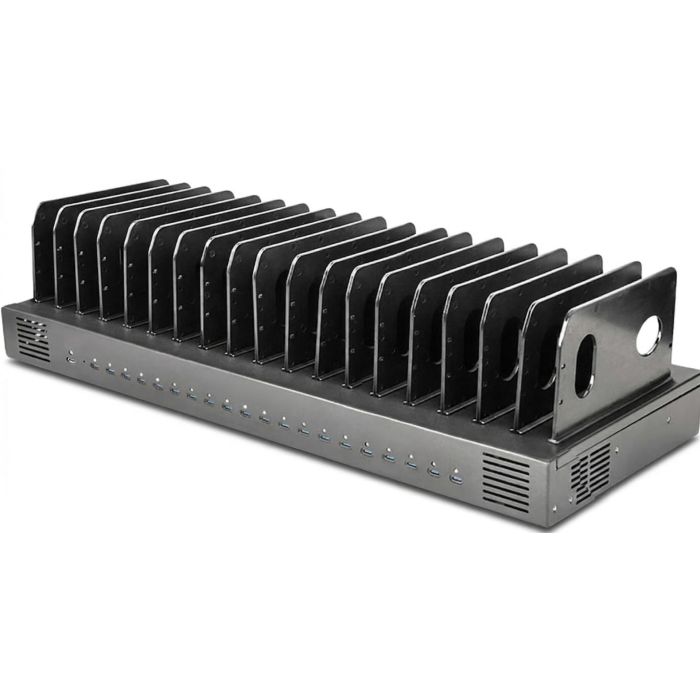 Zijaanzicht van het Torvik OLS-20 oplaadstation met 20 USB-C poorten en open compartimenten voor apparaten.