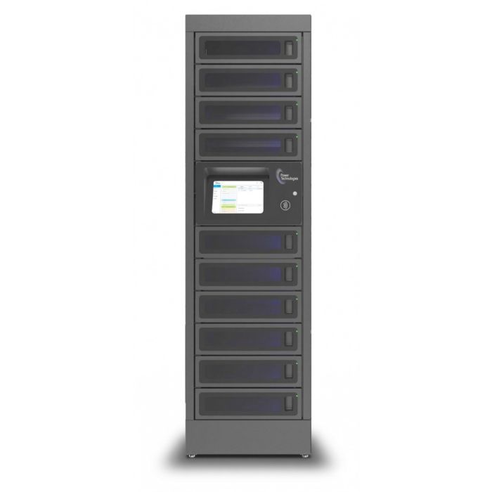 Vooraanzicht van de Power Technologies PT-PRO-10 modulaire oplaadlocker met 10 compartimenten en bedieningsscherm.