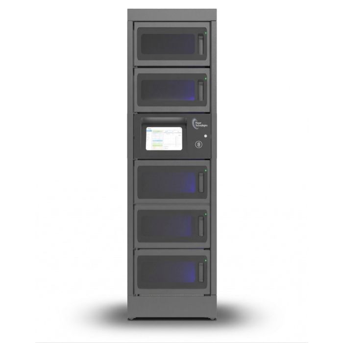 Vooraanzicht van de Power Technologies PT-PRO-5 modulaire oplaadlocker met vijf grote compartimenten en bedieningsscherm.