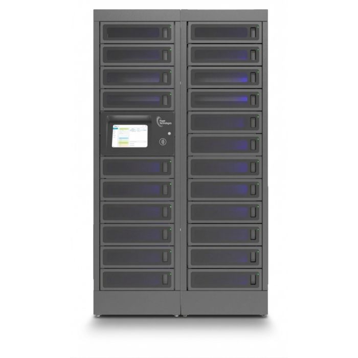 Vooraanzicht van de Power Technologies PT-PRO-22 modulaire oplaadlocker met 22 compartimenten en bedieningsscherm.