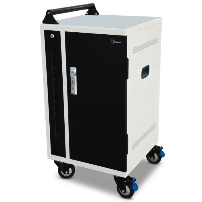 Zijaanzicht van de Power Technologies PT-VERT-15 AC oplaadkar met een gesloten deur en zichtbare handgreep.