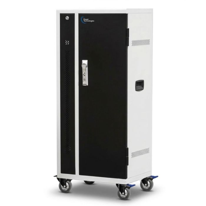 Zijaanzicht van de Power Technologies PT-VERT-GLIDE-24 AC oplaadkar met gesloten deur en wielen voor mobiliteit.