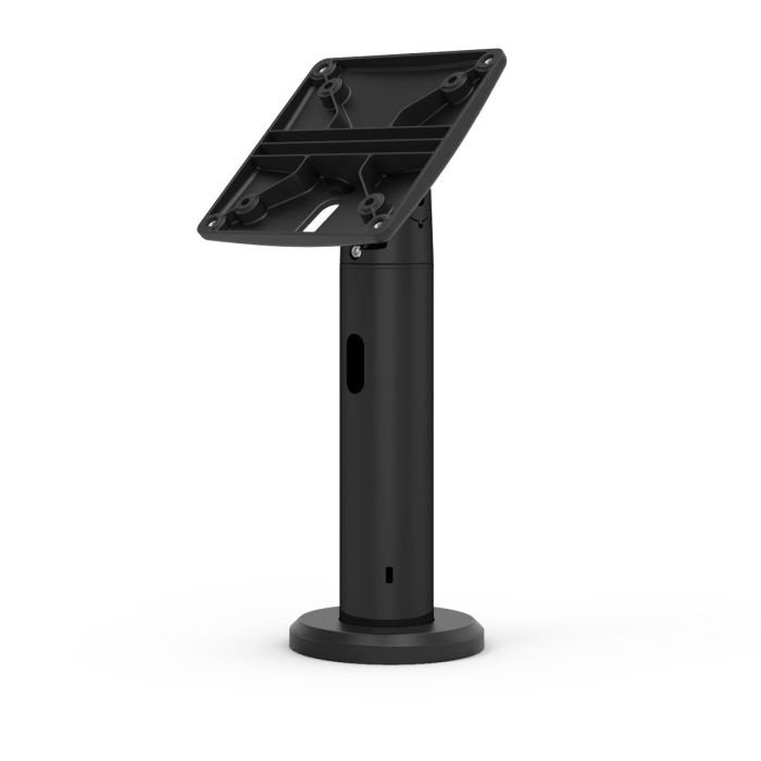 Zijaanzicht van de Compulocks Rise VESA tafelhouder in zwart, met een stevige basis en een verstelbare houder voor tablets.