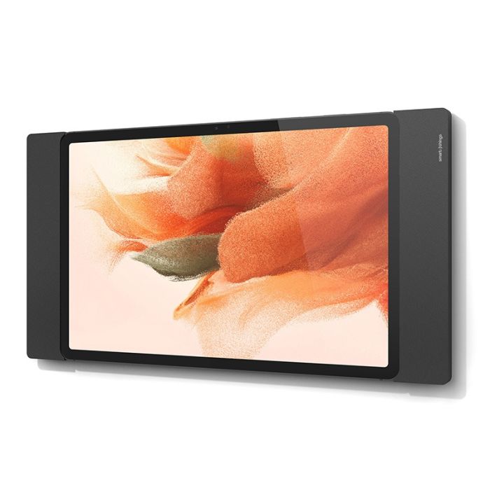 Zwarte Smart Things sDock Fix wandhouder voor Samsung Galaxy Tab S9, gemonteerd aan de muur met een tablet zichtbaar.