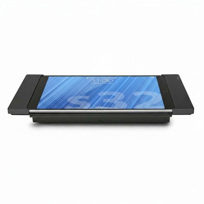 Zwarte Smart Things sDock Fix tafelstandaard met iPad Air 10.9 inch zichtbaar van bovenaf.