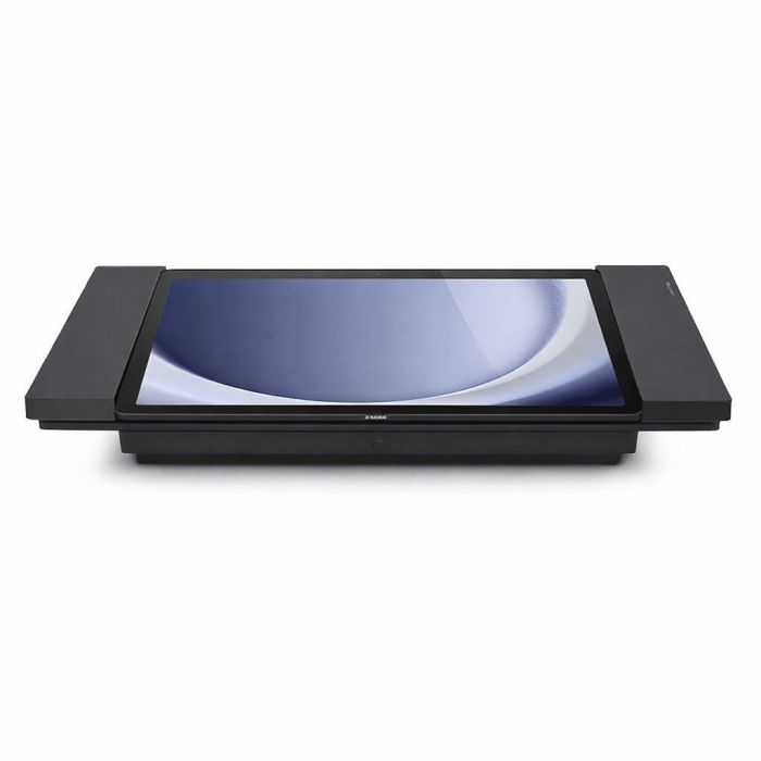 Zwarte Smart Things sDock Fix tafelstandaard voor Samsung Galaxy Tab A11+ in een frontale weergave met een strak ontwerp.