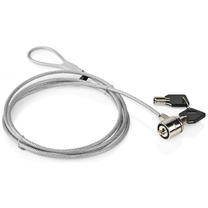 Detailweergave van het Scolio T-Bar kabelslot met sleutels en kabel in een opgerolde staat.