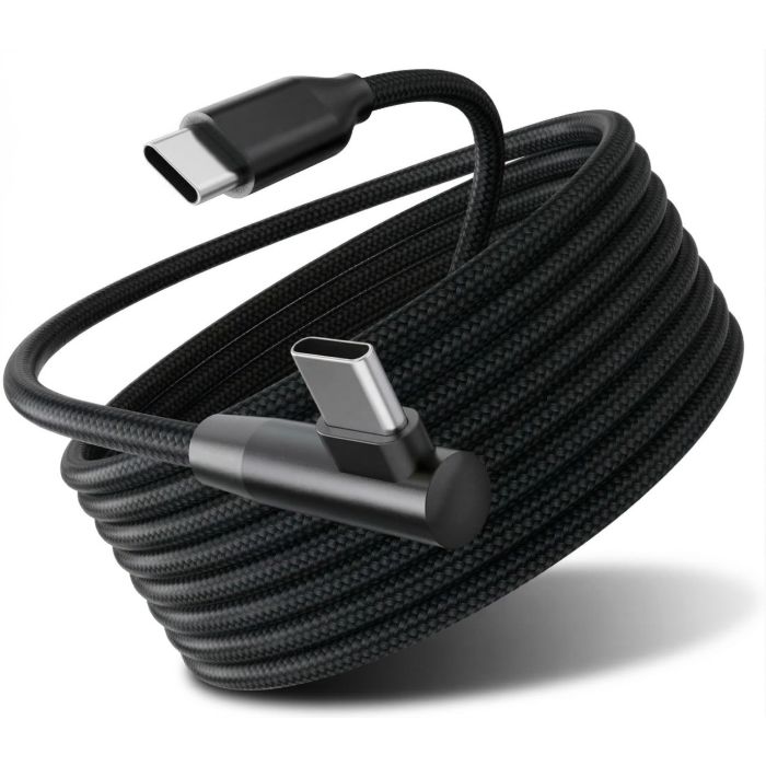 Detailweergave van de Torvik USB-C naar haakse USB-C oplaad- en datakabel met een zwart gevlochten ontwerp.