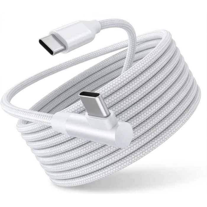 Detailopname van de Torvik USB-C naar haakse USB-C oplaad- en datakabel met een lengte van 2 meter, in een opgerolde staat.
