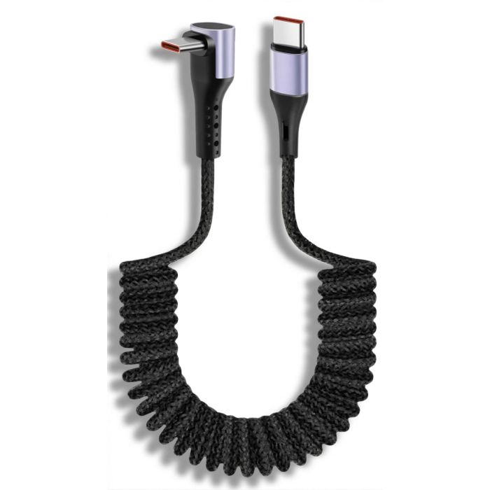 Detailweergave van de Torvik USB-C naar haakse USB-C krulsnoer oplaadkabel met een zwart, gevlochten ontwerp en haakse connectoren.