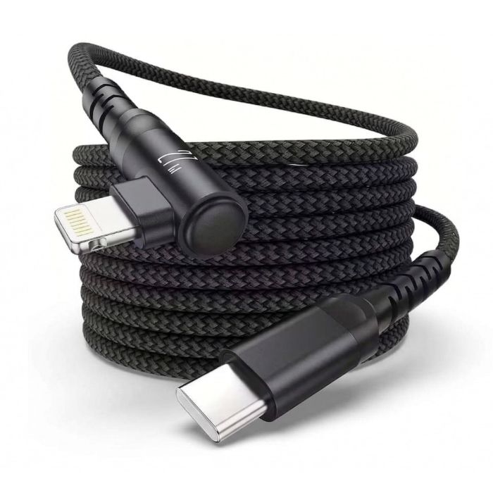 Detailopname van de Torvik USB-C naar haakse Lightning connector met een zwarte gevlochten kabel.