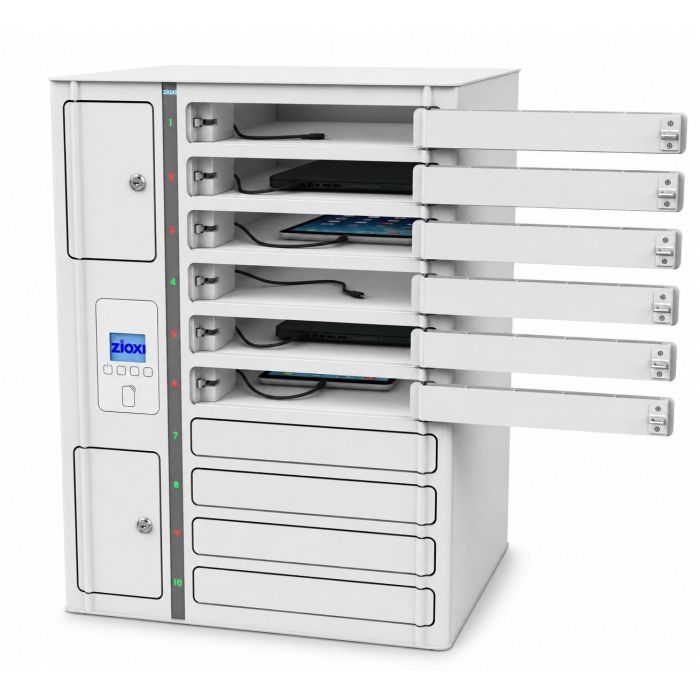 Vooraanzicht van de Zioxi onView oplaadlocker met vijf geopende vakken waarin Chromebooks liggen en vijf gesloten vakken met MiFare RFID-slot.