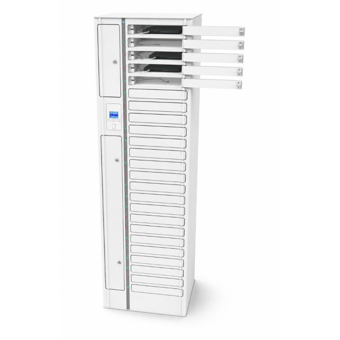 Zioxi onView Chromebook oplaadlocker voor 24 apparaten met geopende oplaadvakken aan de bovenzijde, zichtbaar vanuit een schuin vooraanzicht in studio.