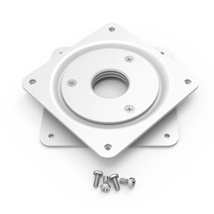 Detailweergave van de Compulocks VESA100 rotatieplaat in wit met bevestigingsschroeven.