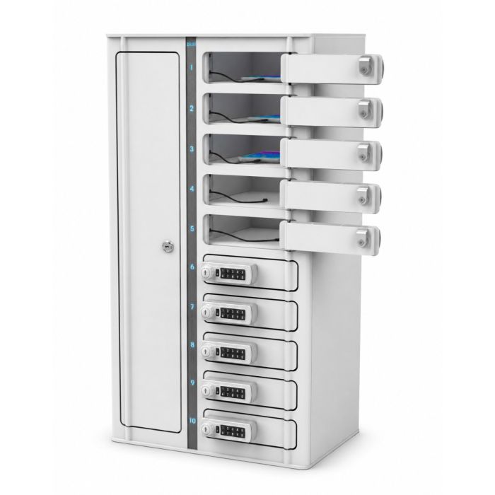 Zijaanzicht van de Zioxi smartphone oplaadlocker met open compartimenten voor 10 smartphones en digitale codesloten.