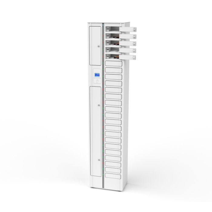 Zioxi onView smartphone USB-A oplaadlocker met open laadcompartimenten en zichtbare 3-in-1 USB-A kabels.