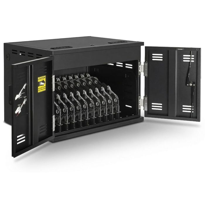 Open AVer X12 AC oplaadkast met zichtbare laadcompartimenten voor 12 mobiele apparaten tot 15 inch.