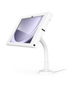 Zijaanzicht van de Compulocks Flex Apex tafelhouder voor Samsung Galaxy Tab A11+, met flexibele arm en witte afwerking.