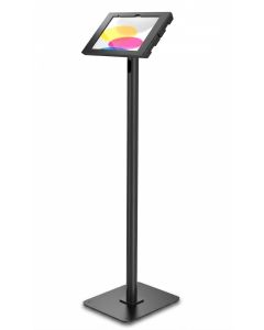 Zijaanzicht van de Compulocks Swift Apex vloerstandaard voor iPad, zwart, met een iPad gemonteerd in een verticale positie.