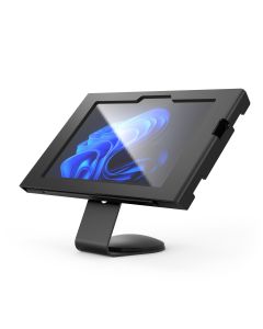 Zijaanzicht van de Compulocks Core Apex tafelhouder voor Microsoft Surface Go 4, met een schuin geplaatst scherm en een stevige basis.