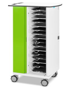 Zijaanzicht van de Zioxi iPad oplaadkar met open compartimenten voor 16 iPads en zichtbare kabelbeheerdetails.
